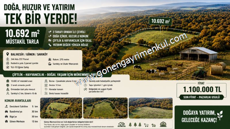 10.692 m² Müstakil Tarla, 3 Tarafı Orman, Gönen Sarıköy ' de